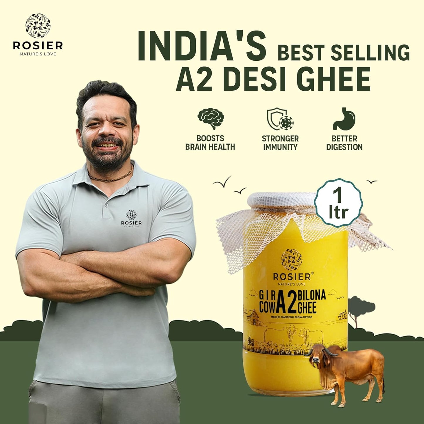 ROSIER A2 Gir Cow Ghee | Traditional Bilona Method A2 Gir Cow Ghee | Grassfed, Pure and Healthy Desi Cow Ghee