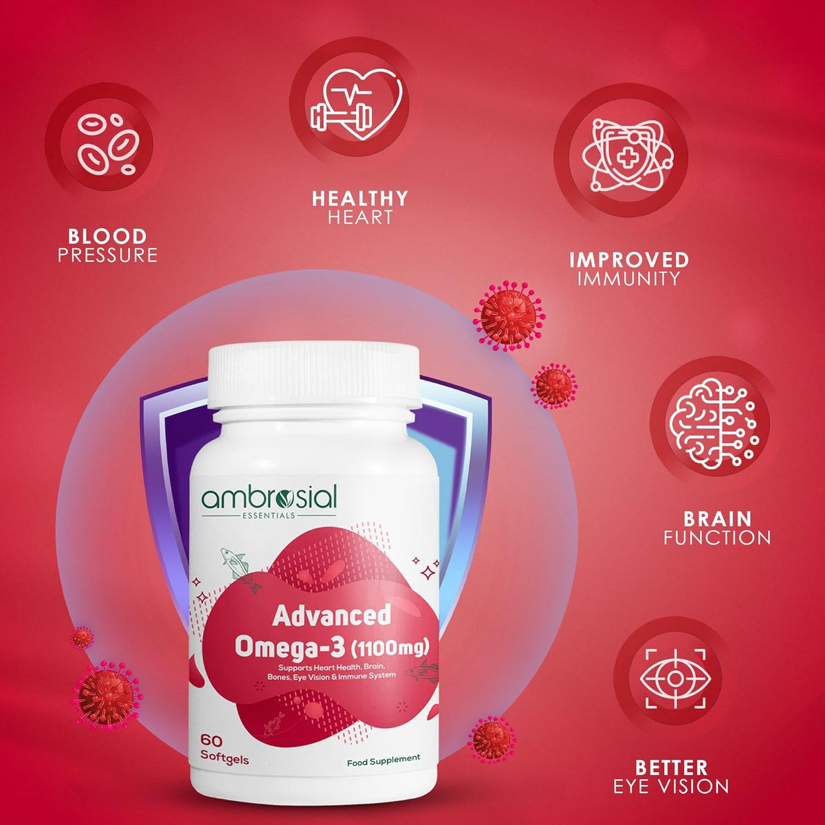 Ambrosial Advanced Omega-3 supplement bottle with health benefits icons on a red background