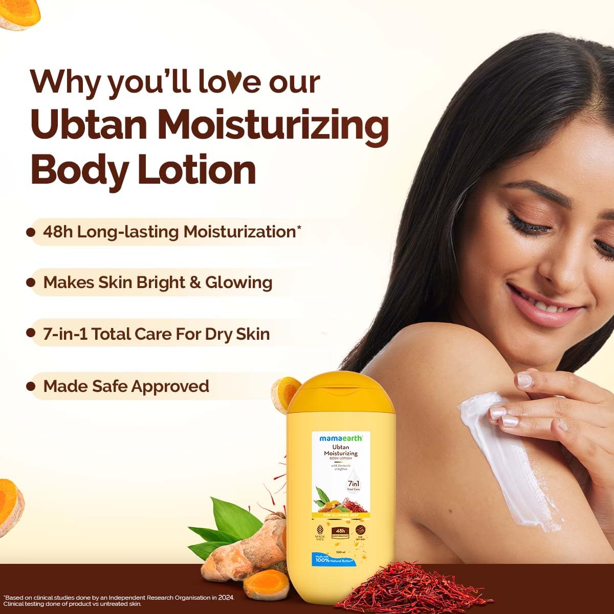 Mamaearth Ubtan Moisturizing Body Lotion with Turmeric & Saffron for Glowing Skin - 100 ml |48H Moisturization | Nourishes Dry Skin | 7in1 Total Care | 100% Natural Butter | Non-Greasy Smooth Skin