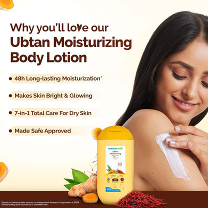 Mamaearth Ubtan Moisturizing Body Lotion with Turmeric & Saffron for Glowing Skin - 100 ml |48H Moisturization | Nourishes Dry Skin | 7in1 Total Care | 100% Natural Butter | Non-Greasy Smooth Skin