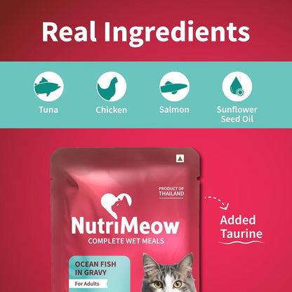 NutriMeow Oceanfish in Gravy Wet Food Pouch for Adult Cats - 80 gm | Nutritious, Protein-Packed & Delicious Cat Meal | Balanced Wet Cat Treats for Persian Cats & All Breeds