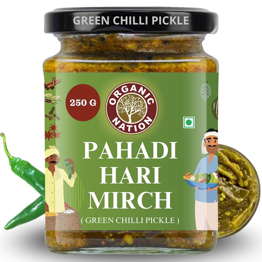 ORGANIC NATION Green Chilli Pickle, Pahadi Hari Mirch Achar Masala Flavors, Deliciously Spicy and Tangy, 250g Jar, Perfect for Enhancing Meals, No Preservatives Vibrant Green Color