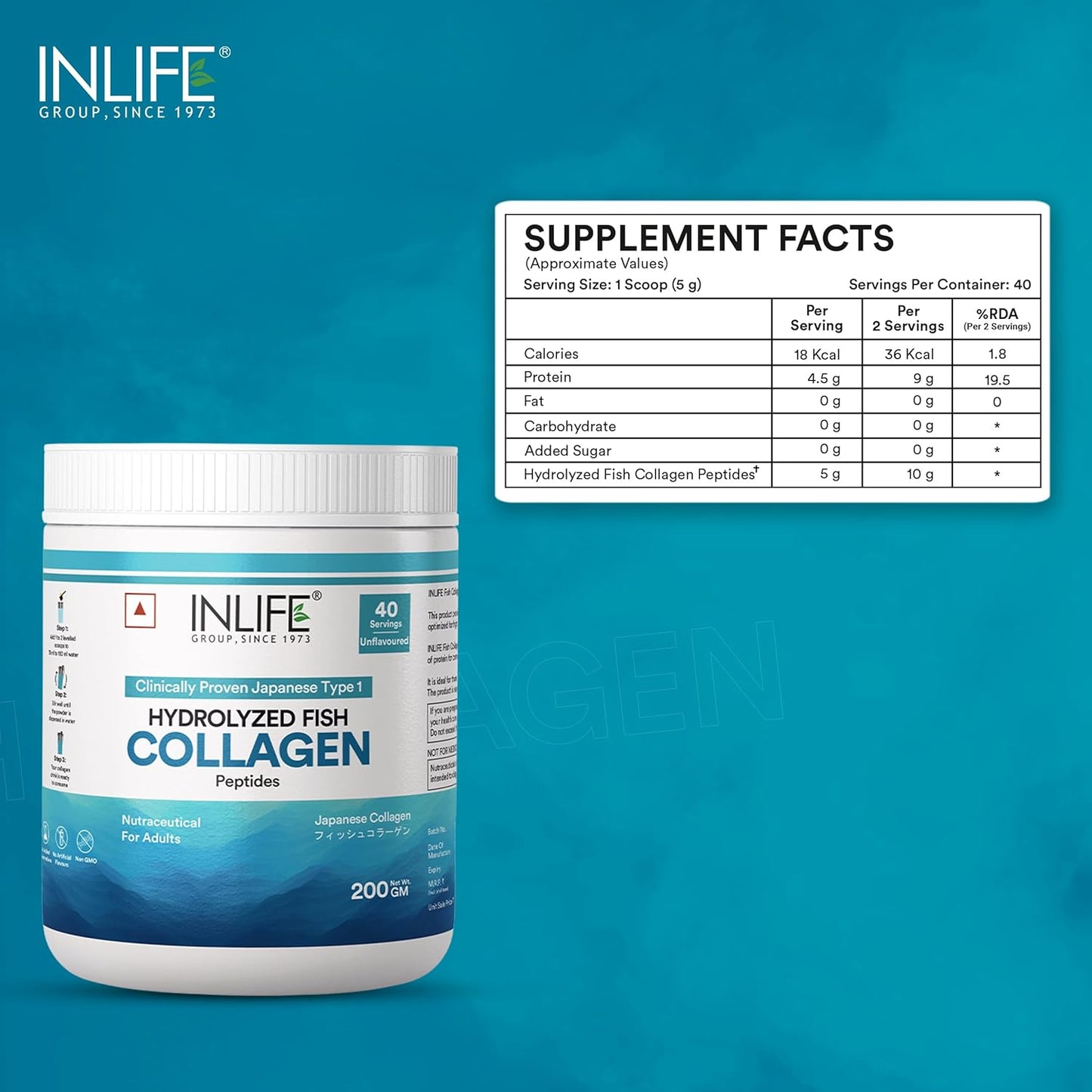 INLIFE Japanese Marine Collagen Supplements | Clinically Proven Ingredient | Hydrolyzed Fish Collagen Powder for Skin, Hair & Joints for Women & Men (Unflavored)
