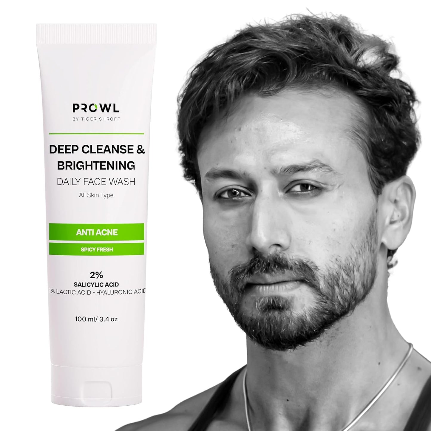 PROWL by Tiger Shroff Facewash 2% Salicylic Acid | Anti Acne For Dry Combination Oily & Acne Prone Man Skin Care with 1% Lactic Acid, Hyaluronic Acid | Exfoliating Brightening Cleanser Face Wash For Men | 100ml