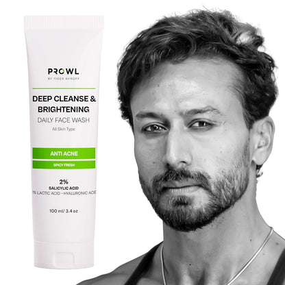 PROWL by Tiger Shroff Facewash 2% Salicylic Acid | Anti Acne For Dry Combination Oily & Acne Prone Man Skin Care with 1% Lactic Acid, Hyaluronic Acid | Exfoliating Brightening Cleanser Face Wash For Men | 100ml