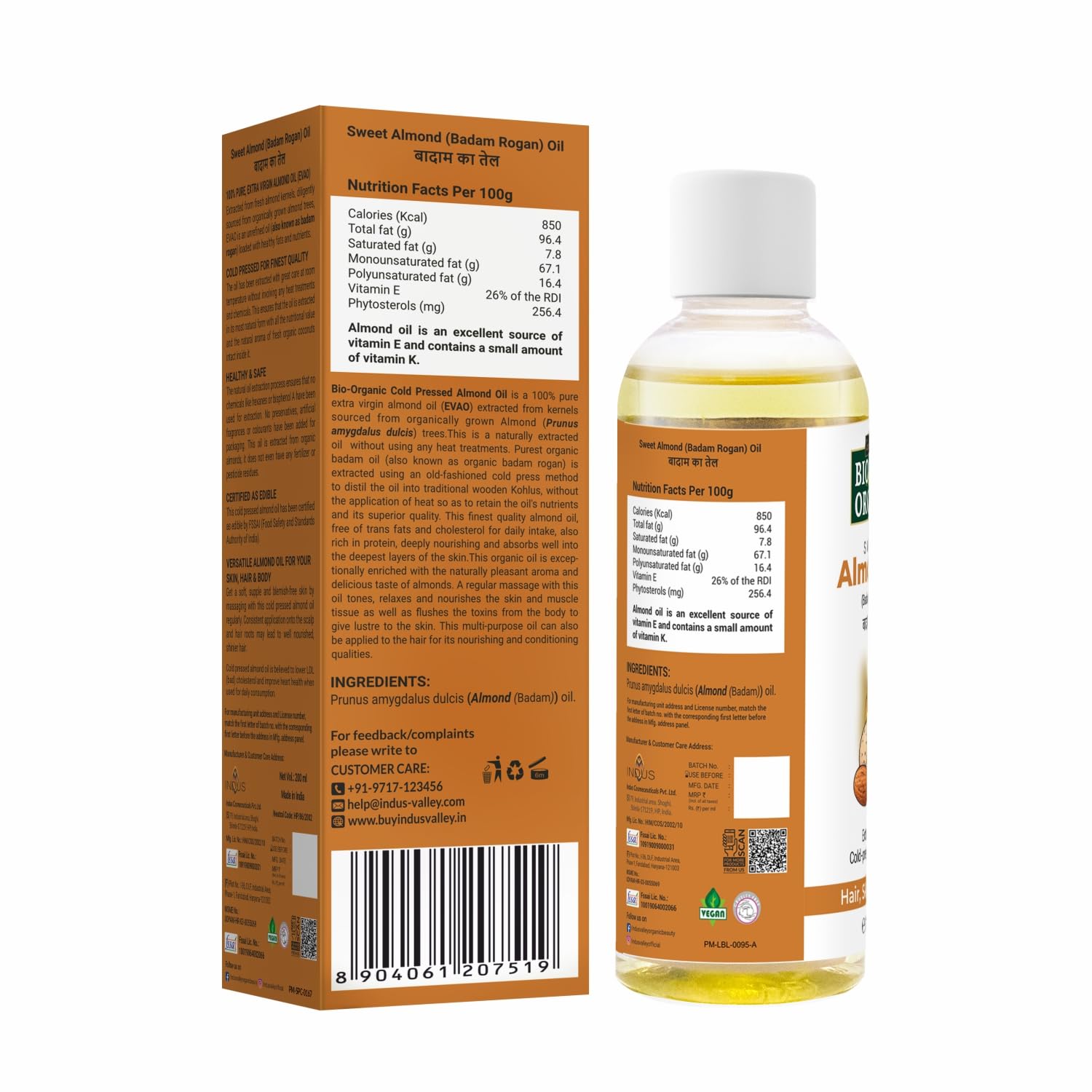 Bottle and box of Sweet Almond Oil with nutritional information on a white background