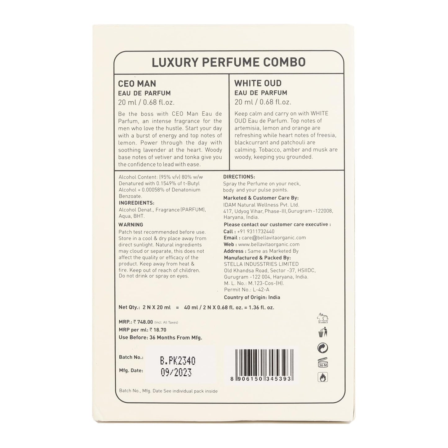 BELLAVITA CEO Man & White Oud Unisex | Long Lasting Perfume for Man and Woman | EDP 2x20ml | Tonka, Agarwood & Orange | Woody, Spicy, Citrus Premium Fragrance for Men & Women