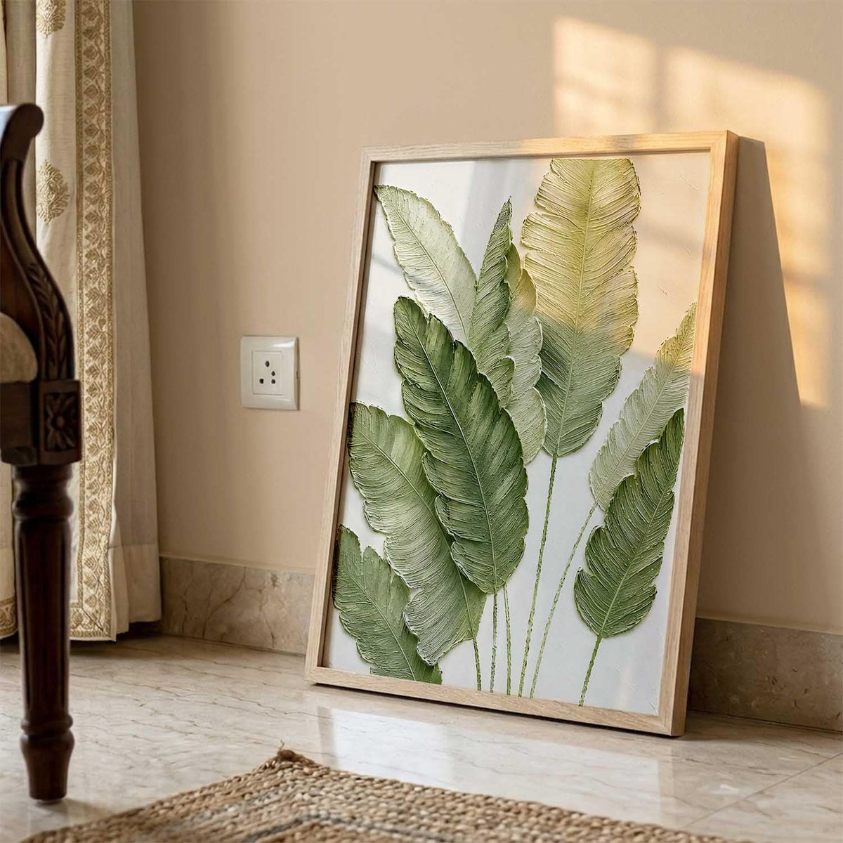 Green Leaf Aesthetic Modern Art Wall Painting | Home Decoration Floral Painting With Frame For Living Room Bedroom Wall Decor | Textured Digital Reprint Set of 1 Size (13X17 INCH)
