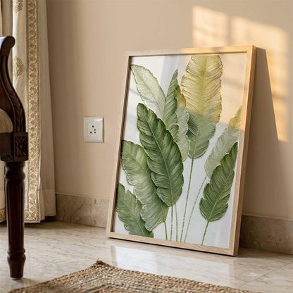 Green Leaf Aesthetic Modern Art Wall Painting | Home Decoration Floral Painting With Frame For Living Room Bedroom Wall Decor | Textured Digital Reprint Set of 1 Size (13X17 INCH)