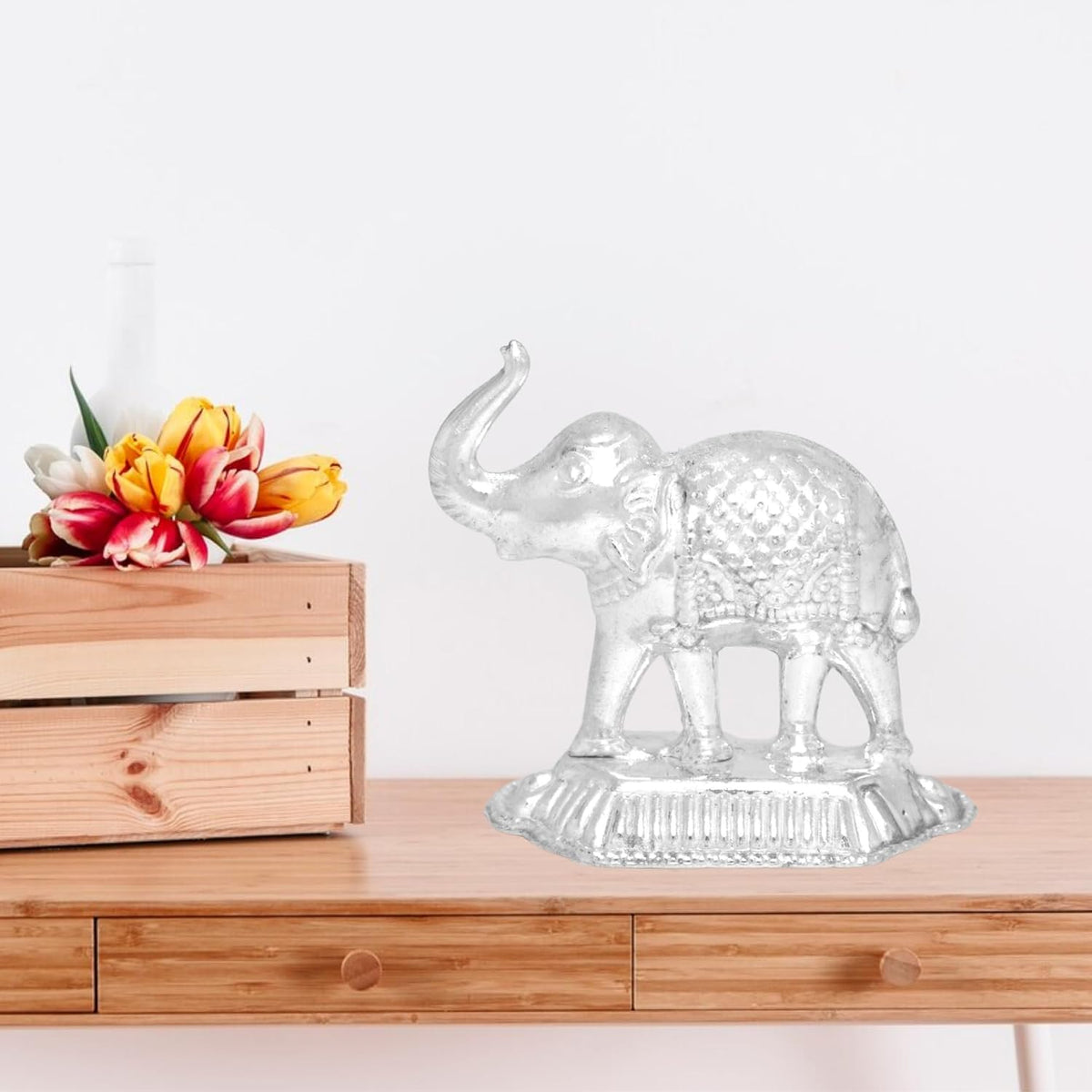 Vail Creations German Silver Hathi Vastu Idol Decoration for Rahu Pooja Room Home Worship Gift Office Items | Silver Elephant Statue