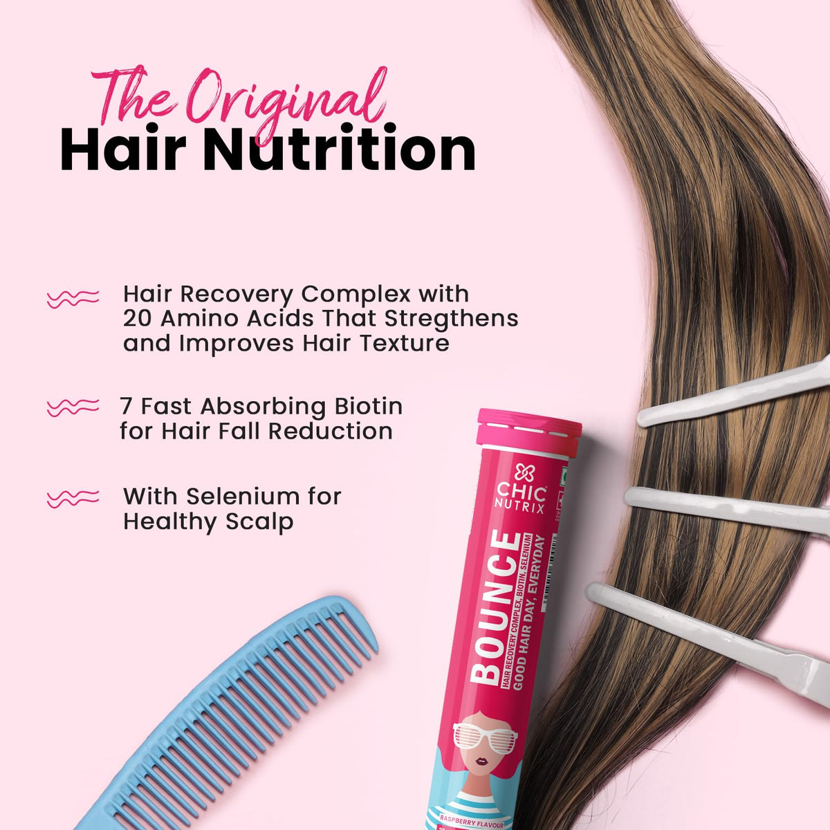 Hair nutrition product with comb and hair on pink background