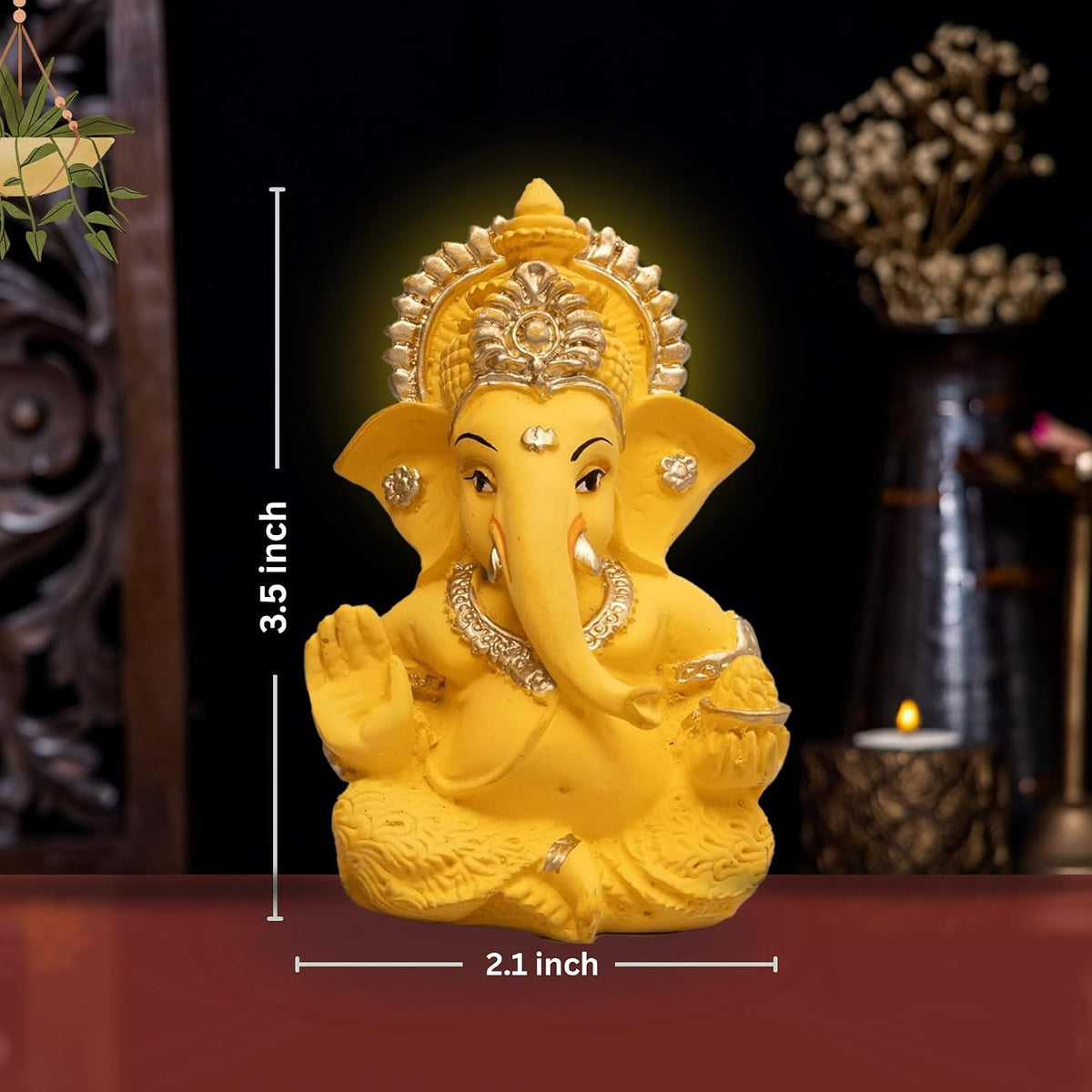 Lord Ganesha Idol for Car Dashboard, Home Decor & Pooja | Resin Gold Plated Ganpati Murti | 3.5 Inch Ganesh Statue for Gift, Diwali, Housewarming, Baby Shower, Mandir Decor, Yellow, Pack -1