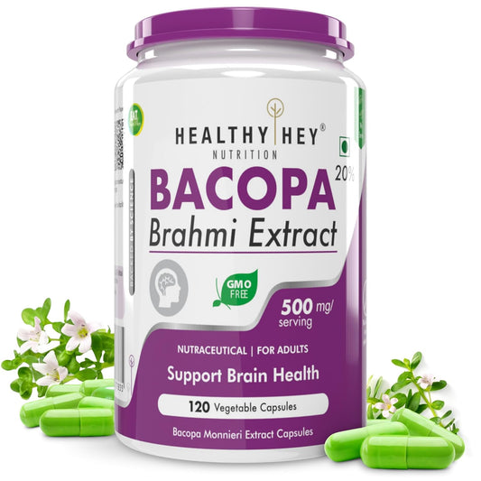 Bacopa Brahmi Extract supplement container with green herbs and capsules on a white background