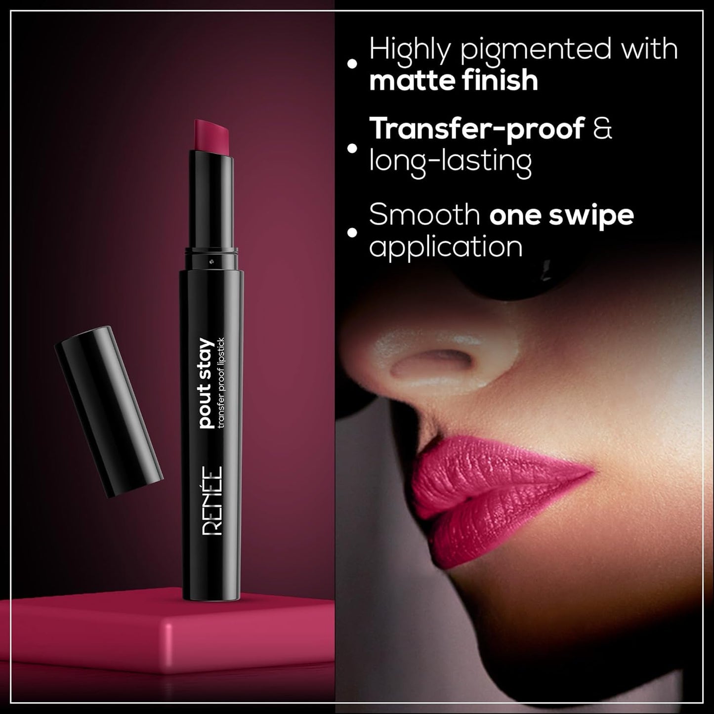 RENEE Poutstay Transfer Proof Lipstick, Smudgeproof & Transferproof, Long Lasting Matte Finish, Easy Glide Application, Infused with Hyaluronic acid, Vitamin E & SPF 20, Zia, 2 Gm