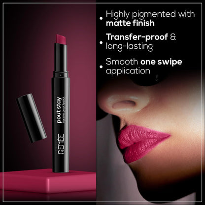 RENEE Poutstay Transfer Proof Lipstick, Smudgeproof & Transferproof, Long Lasting Matte Finish, Easy Glide Application, Infused with Hyaluronic acid, Vitamin E & SPF 20, Zia, 2 Gm