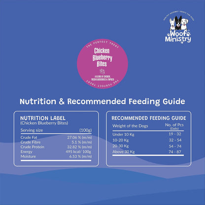 Woof Ministry Chicken Blueberry Bites for Dogs, Minimal Ingredient Dehydrated Dog Treats (Non Veg Treats -100 Grams)
