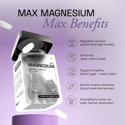 Ace Blend Max Magnesium Glycinate (60 tablets) | 1600mg Triple Complex | 440mg Elemental Magnesium | Calcium, Vegan Vitamin B12 & D3 | Promotes Deep Sleep, Muscle Recovery & Heart Health