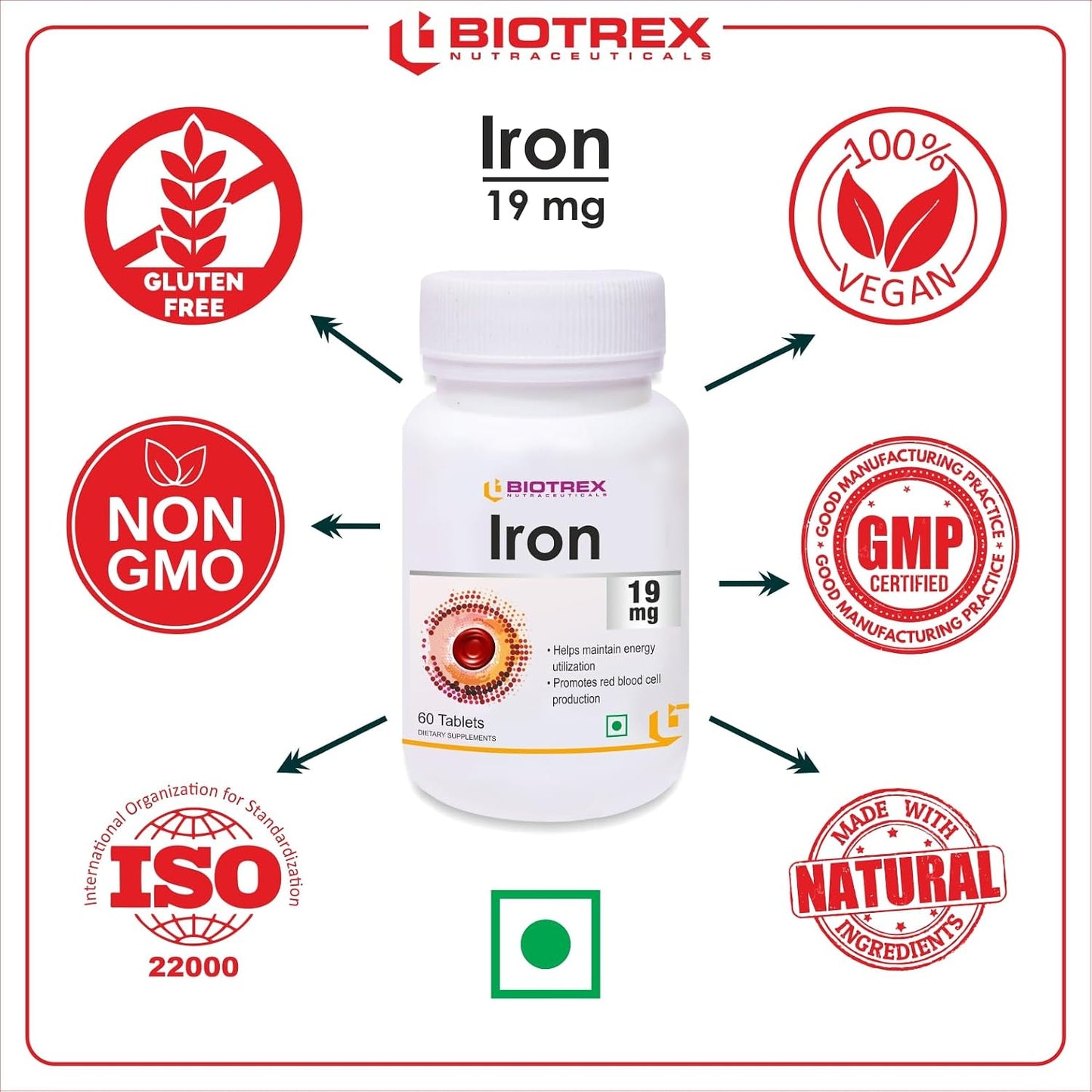 Biotrex Nutraceuticals Iron 19mg (As Ferrous fumarate) | Boosts immunity, Supports energy, Brain function & Muscle function | For Both Men & Women - 60 Tablets
