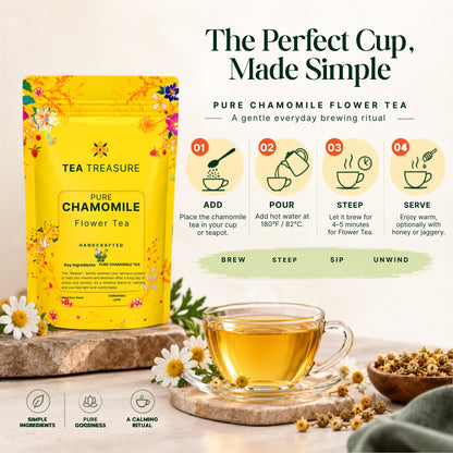 Tea Treasure Chamomile Flower Tea - 100g | Pure Natural Dried Chamomile Flowers | Caffeine-Free Herbal Tea | Non-Bitter | Sleep & Relaxation |Stress Relief | Soothing Bedtime Herbal Infusion