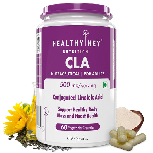 Healthy Hey Nutrition CLA supplement container with purple lid and white body on a white background