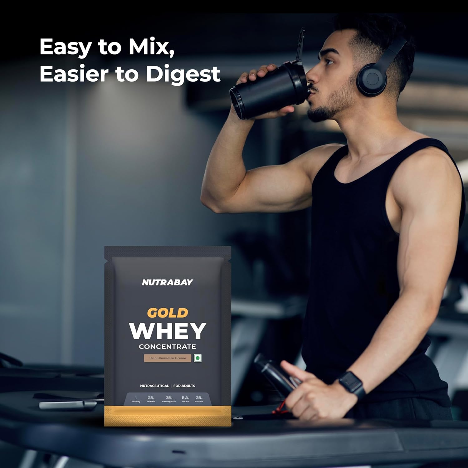 Man drinking from a shaker bottle with a Nutrabay Gold Whey Concentrate package in the foreground.