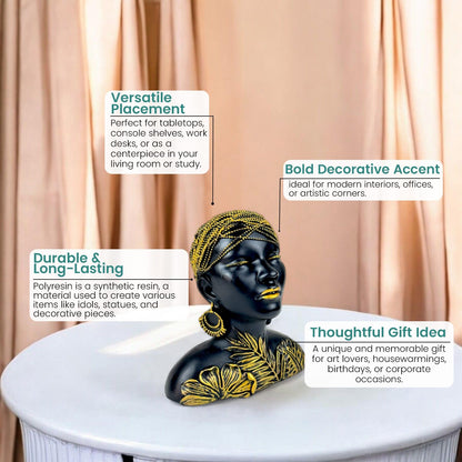 Black & Gold Tribal Leaf Lady Bust 19cm Polyresin African Woman Figurine | Elegant Table-Top Decorative Showpiece for Living-Room Office Desk Shelf & Gift Collectible Decorative Showpiece