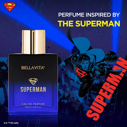Bellavita Superman perfume bottle with superhero graphic in the background