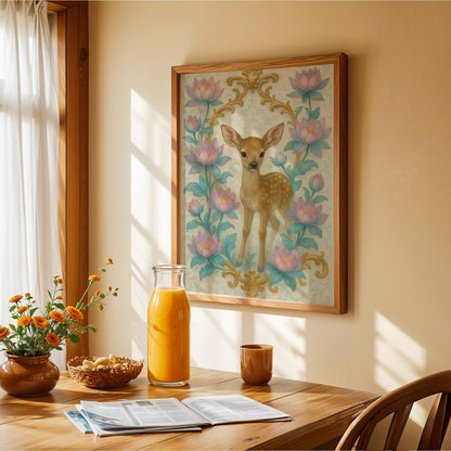 Deer & Lotus Wall Painting with Frame Set of 1 | Premium Floral Nature Artwork, Cute Fawn Animal Wall Decor for Living Room, Bedroom, Kids Room, Office and Home Decoration (3D Art-6,13x19inch)