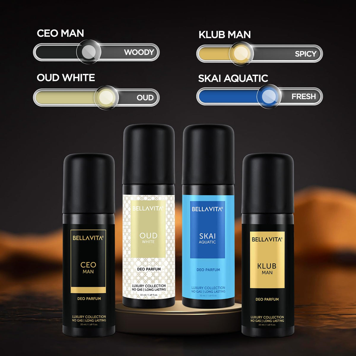 Four BellaVita deodorant bottles with labels and color swatches on a dark background