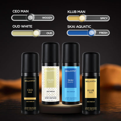 Four BellaVita deodorant bottles with labels and color swatches on a dark background
