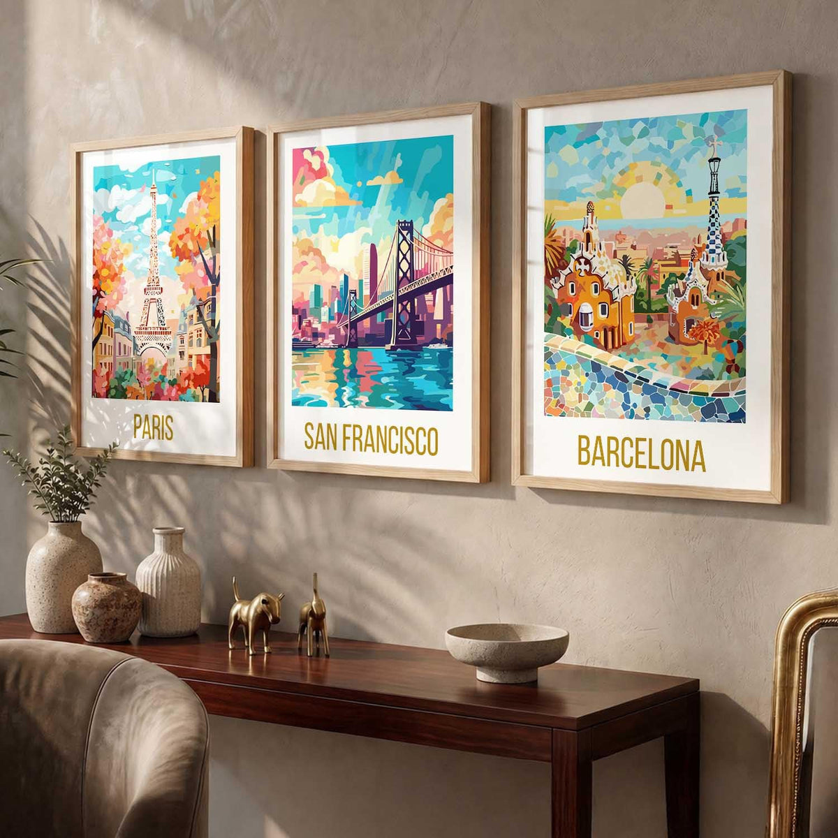 Decorative Travel poster With Frame Wall Art Home Decor Painting For Living Room Office Hotel Wall Decor Digital Reprint Set of 3 (13X17 inch)