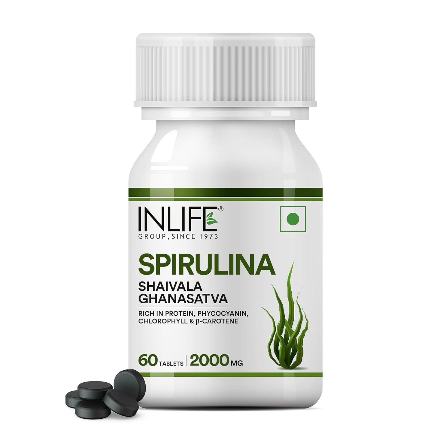 INLIFE Spirulina Tablets 2000 mg (per serving) | Green Superfood Supplement | Nutritional Supplement Protein Fiber Antioxidants - 60 Tablets (Pack of 1, 60's)