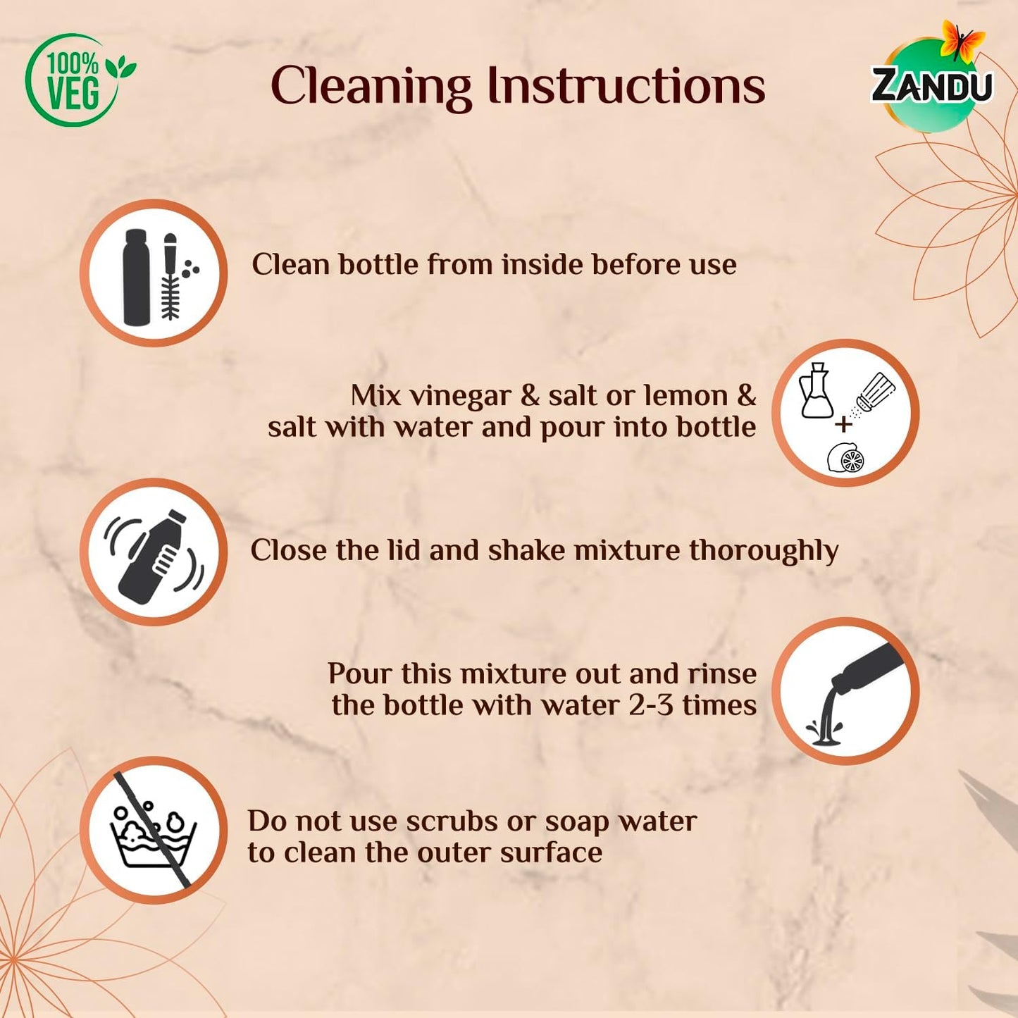 Cleaning instructions for a ZANDU product on a beige background with brand logo.