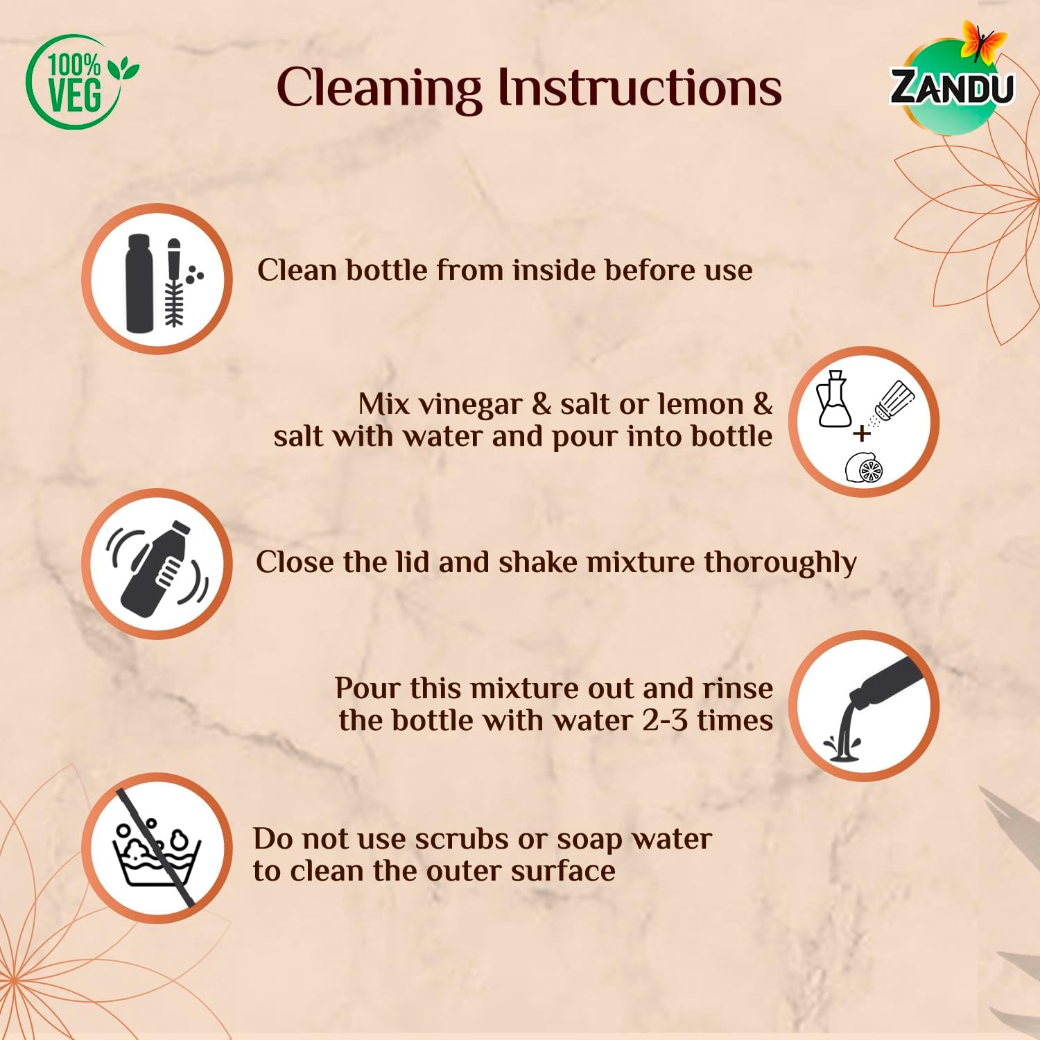 Cleaning instructions for a ZANDU product on a beige background with brand logo.