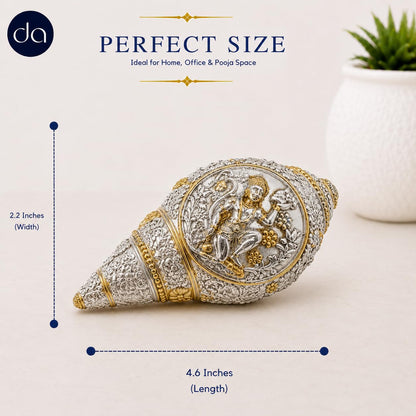 Dev Aastha 999 Silver & 24K Gold Plated Hanuman Shankh - 4.6 Inch Showpeice | Bajrangbali Dual-Tone Conch Shell for Puja Room, A Decorative Hanuman Gift