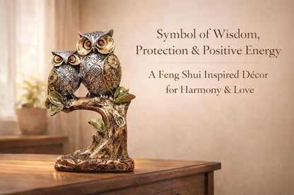Resin Owl Pair Statue Sitting On Tree - Home Decor/Office Table Top Decoration/Living Room/Garden Showpiece/Gift Item - Pack Of 1 (Design 1), Multicolour