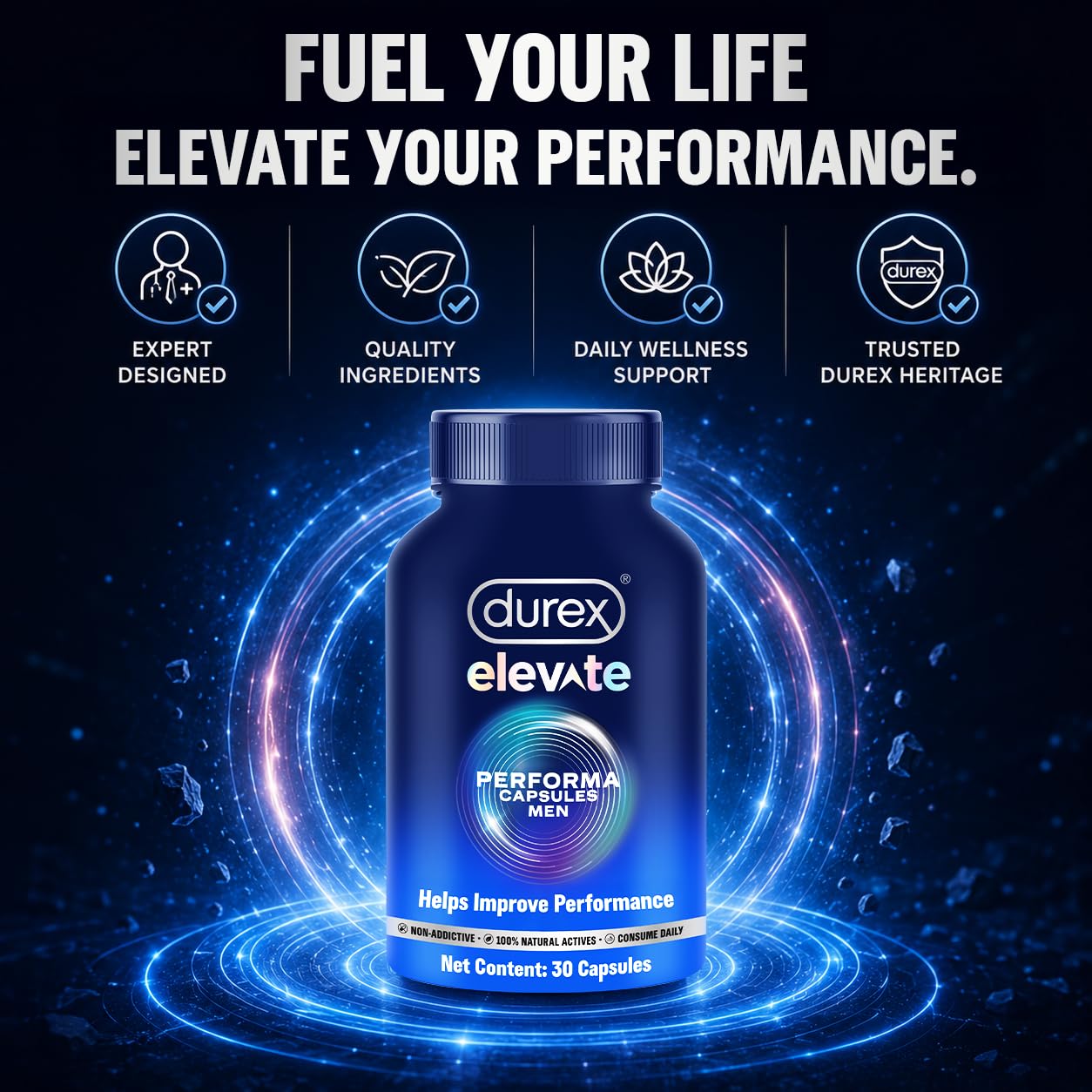 Durex Elevate Performa Capsules for Men | Ashwagandha KSM-66 Purified Shilajit & Supplement | Supports Strength & Stamina | 30 Capsules