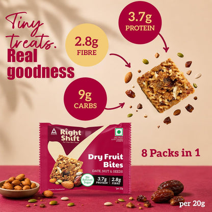Right Shift Dry Fruit Bites, 18g Protein, 14g Fibre, No Refined Sugar, Lactose Free, No Palm Oil, Date Nut and Seeds, 160g