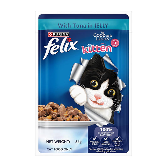 Purina Felix Tuna in Jelly, Wet Food for Adult Cats, 85g Pouch | With Tuna in Jelly, Tasty Meaty Chunks, 100% Complete & Balanced Nutrition, Vitamins D & E, Omega 6, Essential Minerals