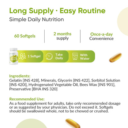 Supplement packaging with text on ingredients and usage instructions.