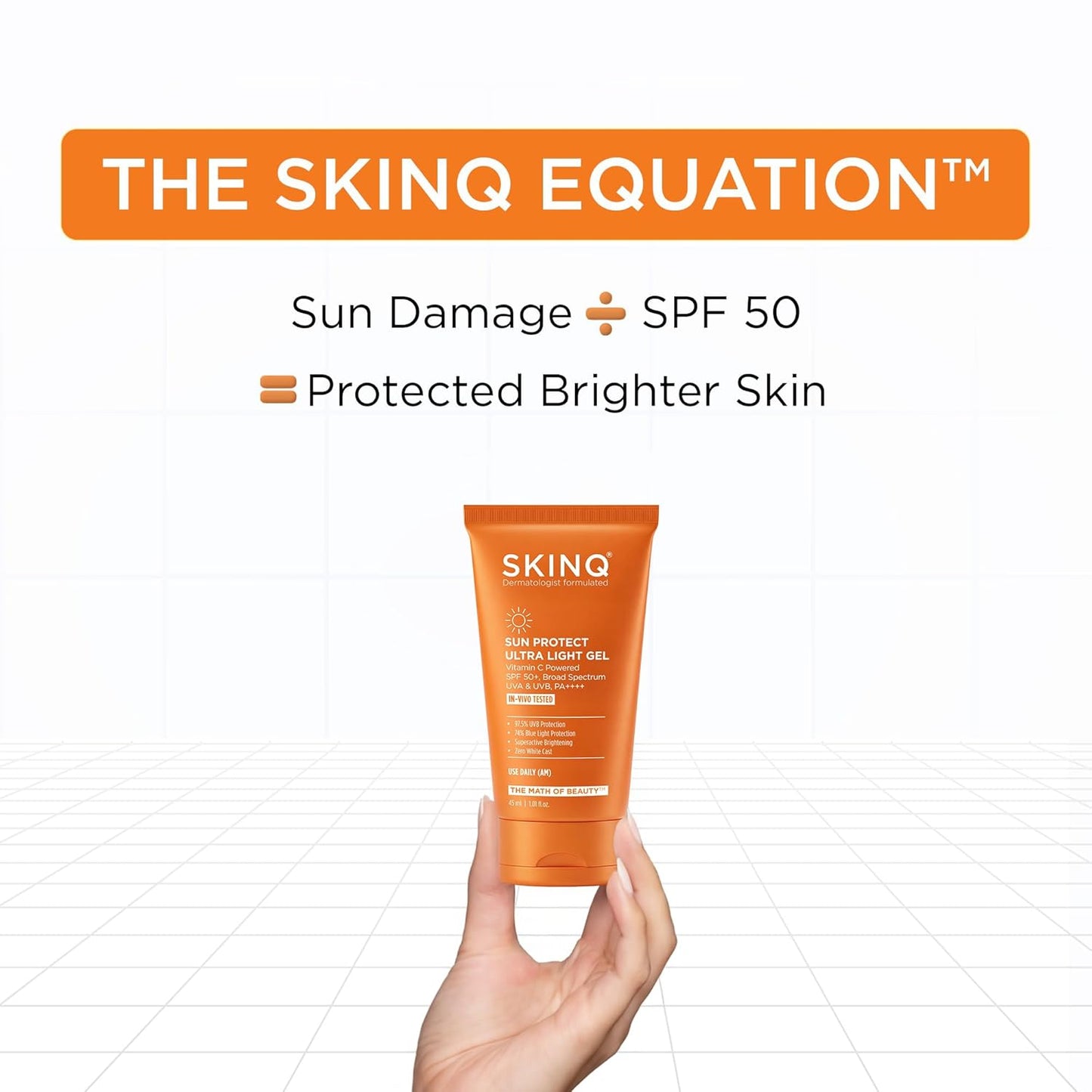 SKINQ Sun Protect Ultra Light Gel Sunscreen SPF 50+ PA++++ with Vitamin C | In-Vivo Tested | Zero White Cast | Lightweight, Non-Greasy | For Dry & Sensitive Skin | Dermat Formulated | 45ml