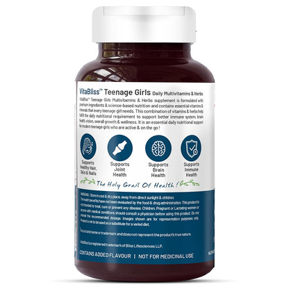 Bliss Welness Teenage Girl Multivitamin With Vitamin, Minerals, Calcium Magnesium Zinc, Aloe Vera Extract, Bamboo and Grapeseed Extract For Immunity, Hair Skin Nails, Bone & Joint Health - 60 Tablets
