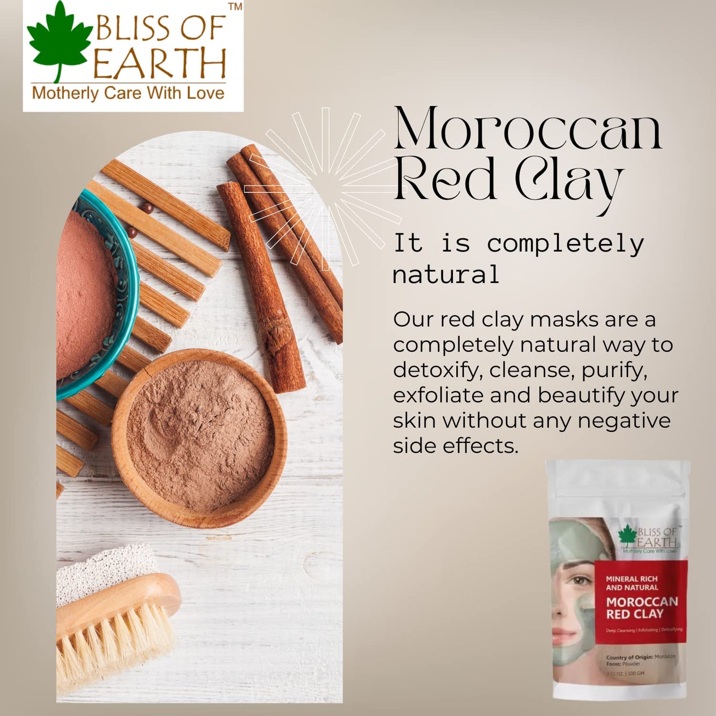 Bliss of Earth Original Moroccan Red Clay Powder | 100GM | Natural Facial Mask & Skin Care Treatment | Anti-Ageing | Heals Dry & Oily Skin | Detoxifying & Rejuvenating |