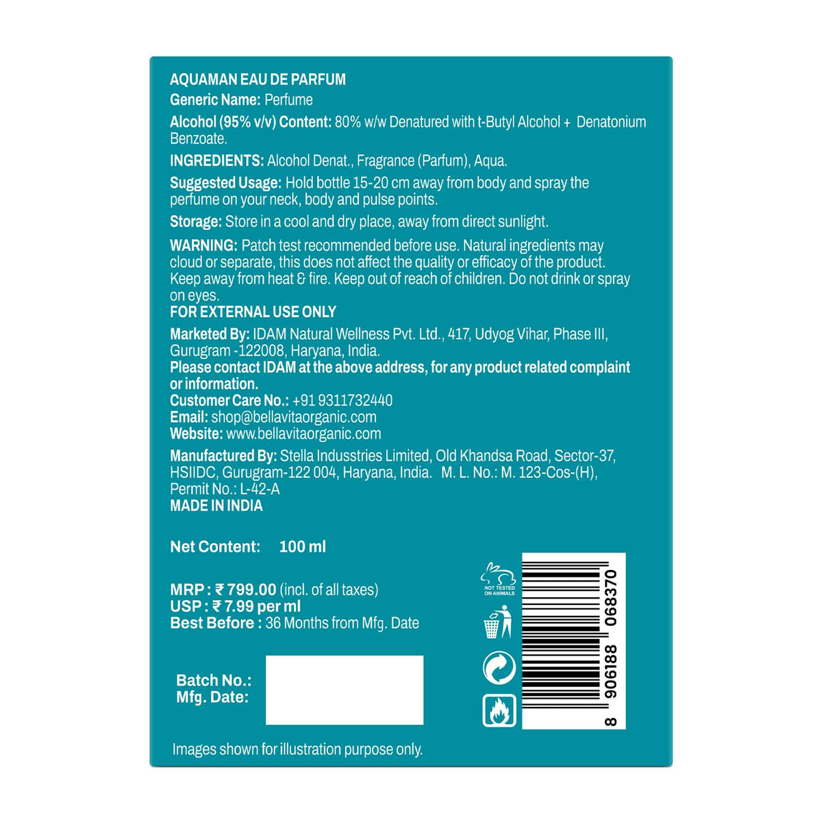 Back label of a perfume bottle with text and product details on a white background