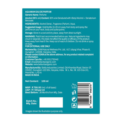 Back label of a perfume bottle with text and product details on a white background