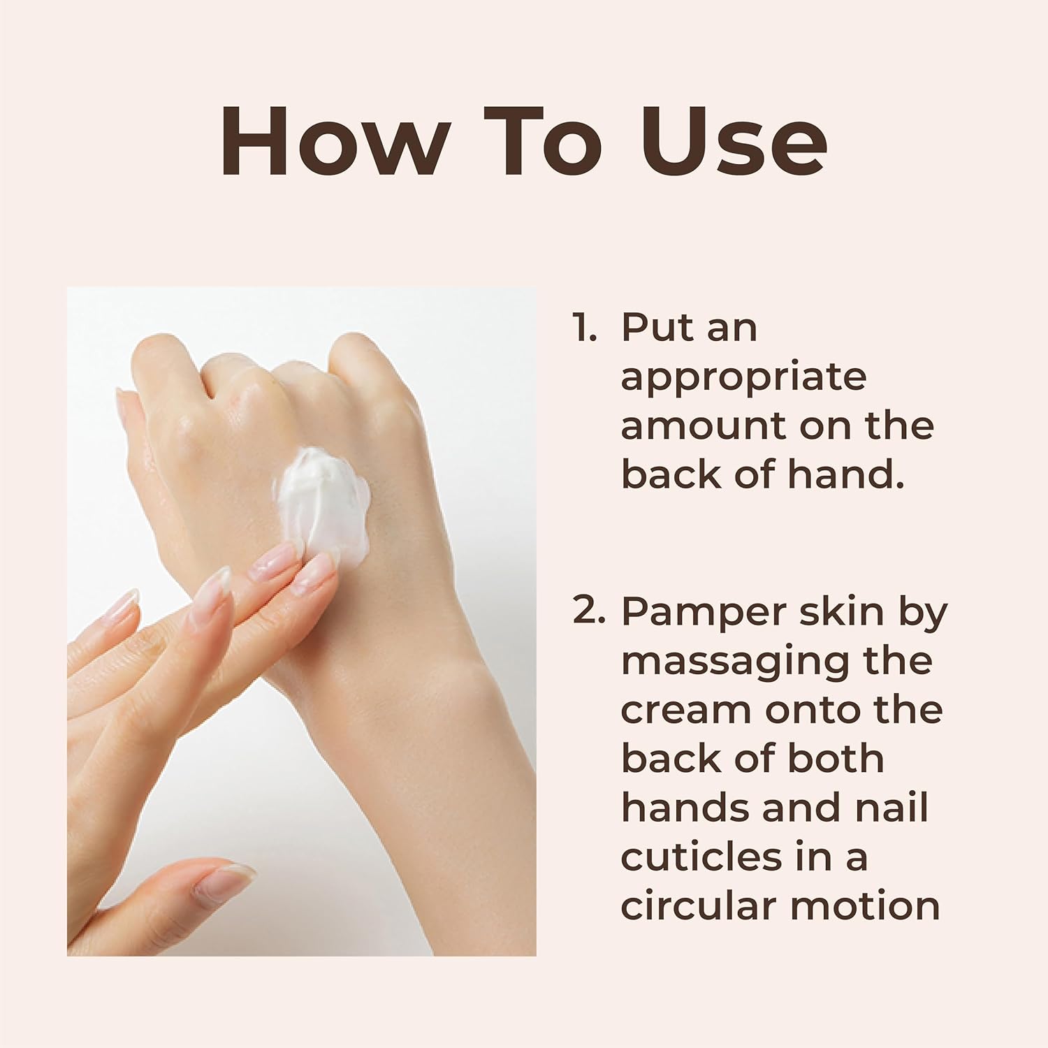 Hands applying cream with text on how to use it