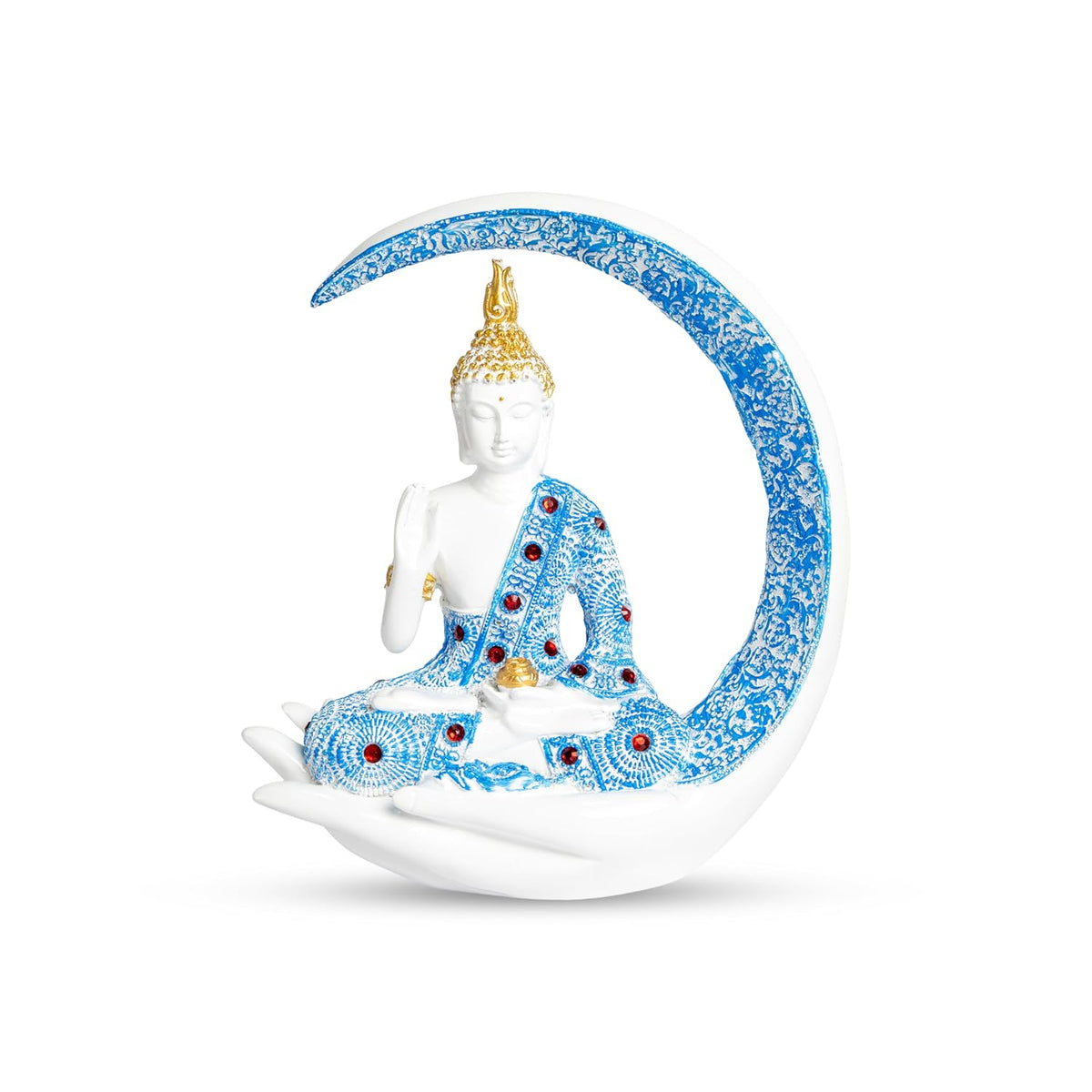 10 Inch 3D Resin Meditating Buddha Statue with Blue Crescent Moon | Lucky Buddha Idol for Home Decor, Living Room, Office Desk & Spiritual Gift Item