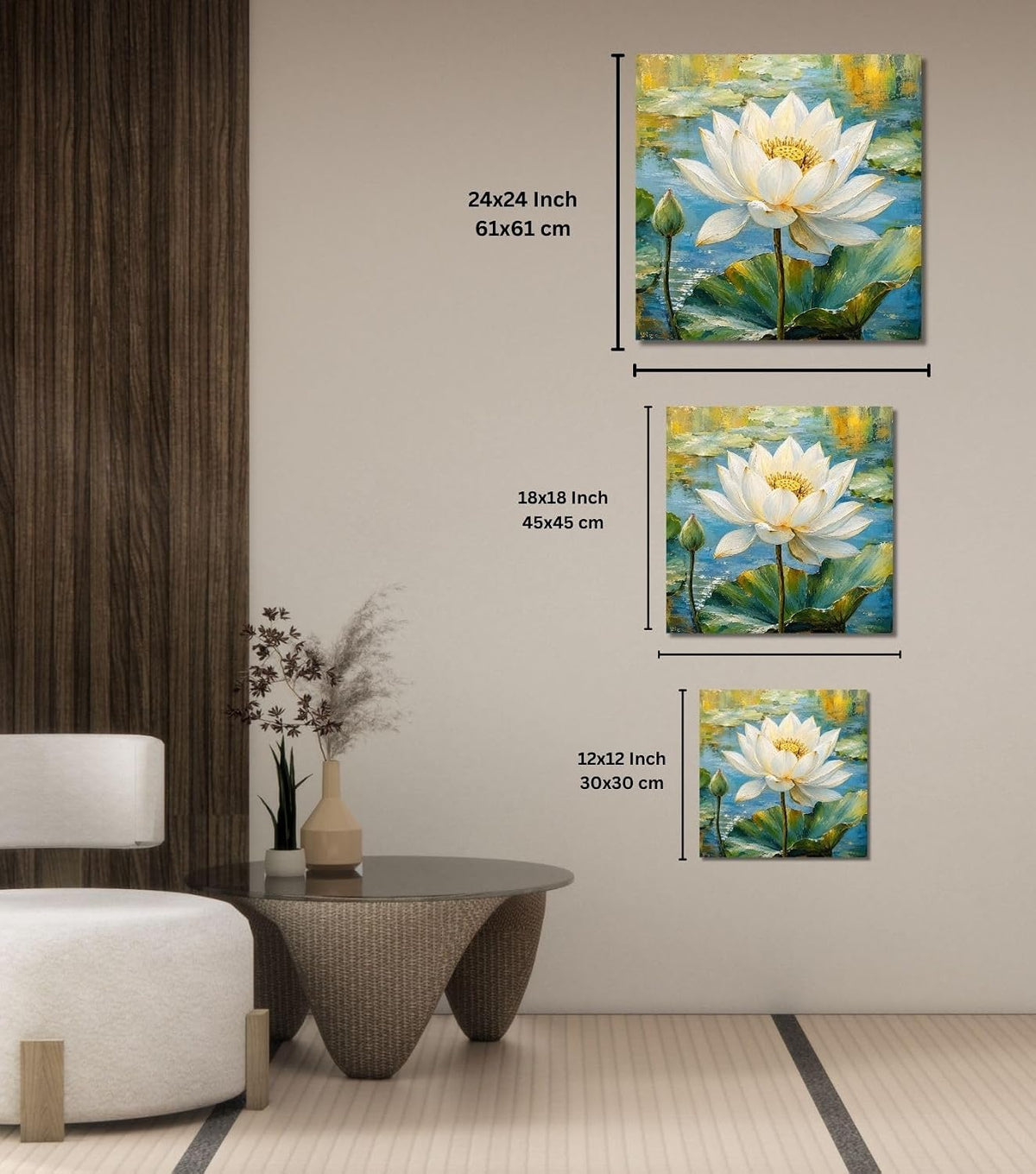 Lotus Flower Painting for Wall Vastu (15+ DESIGNS) Framed Lotus Canvas Painting for Living Room, Bedroom | Nature Floral Wall Art with Multiple Design Variations (White Big Lotus, 18x18 Inch, Framed)
