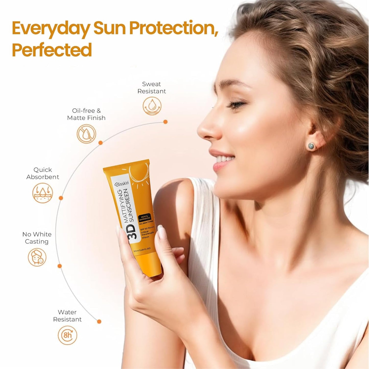 Blisskin Sunscreen SPF 50 PA+++ | 50ml Organic & Non Comedogenic SunscreenSPF50 | UVA, UVB & Blue Light Protection | With Hyaluronic Acid & Vitamin C | No White Cast | For All Skin Types