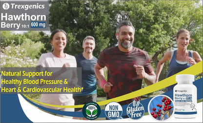 Advertisement for Trexgenics Hawthorn Berry supplement with people exercising outdoors.